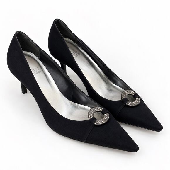 Stuart Weitzman Shoes - Stuart Weitzman Black Satin Crystal Buckle Pointed Toe Heels Pumps 8.5 M